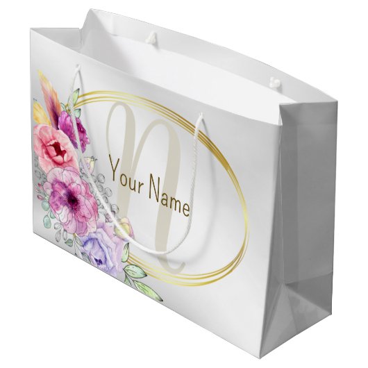 Monogramm Name Farbrosa Blütengoldene Rahmen Große Geschenktüte (Rückseite Schrägansicht)