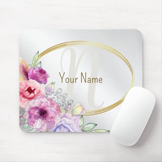 Monogramm Name Farbrosa Blütengoldene Rahmen Mousepad (Mit Mouse)