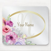 Monogramm Name Farbrosa Blütengoldene Rahmen Mousepad (Vorne)