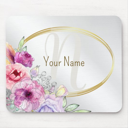 Monogramm Name Farbrosa Blütengoldene Rahmen Mousepad (Vorne)
