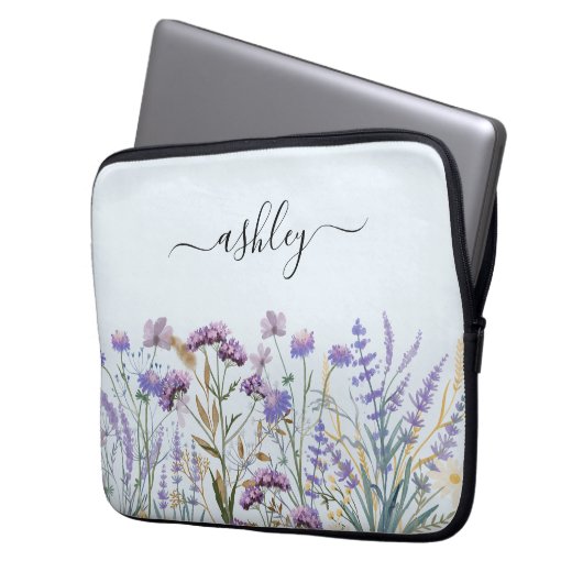 Monogramm Name Floral Botanische Lila Wildblume Laptopschutzhülle (Vorderseite Links)