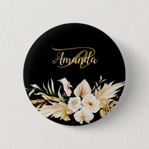 Monogramm Name floral golden schwarz elegante Mode Button