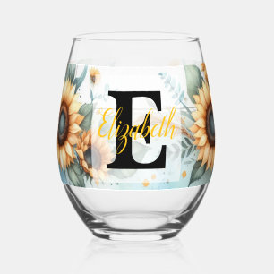 Monogramm-Name floral Sonnenblume Pastell-Wasserfa Weinglas Ohne Stiel