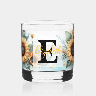 Monogramm-Name floral Sonnenblume Pastell-Wasserfa Whiskyglas