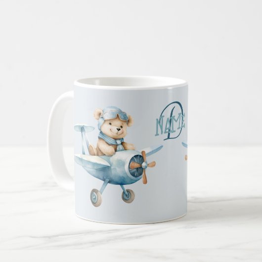 Monogramm Name Flugzeug Happy Blue Bar Pilot Kaffeetasse (Vorderseite Links)