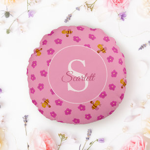 Monogramm-Name für Aquarellbienen und Blume Rundes Kissen
