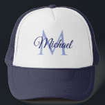 Monogramm Name für sie für ihn weiß und Marine Truckerkappe<br><div class="desc">Monogram Name für sie für seine weiße und Navy Template Unisex Elegant Trendy Trucker Hut.</div>