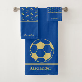 Monogramm Name Fußball Fußball Gold Blue Badhandtuch Set