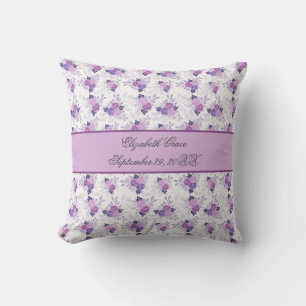 Monogramm Name Geburtsstatistik Lila Rosa Floral Kissen