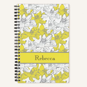 Monogramm Name Gelb Grau Weiß Floral Blumen Notizblock