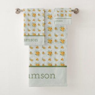 Monogramm-Name Gelb Grün Floral Cottage Kern Badhandtuch Set