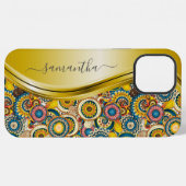 Monogramm Name Gelb Retro Abstrakte Muster iPhone Hülle (Rückseite (Horizontal))