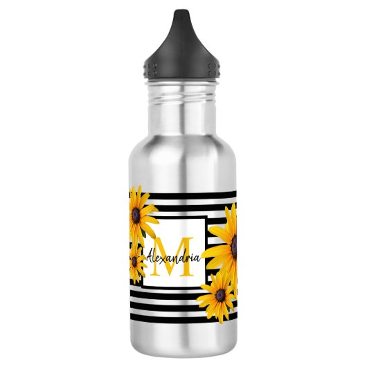 Monogramm Name Gelbe Blume Schwarzer Streifen Edelstahlflasche (Links)