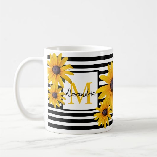 Monogramm Name Gelbe Blume Schwarzer Streifen Kaffeetasse (Links)