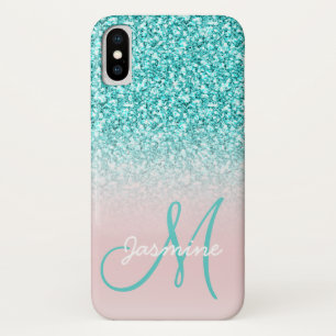 Monogramm-Name Girly Türkis Glitter Rosa Ombre Case-Mate iPhone Hülle