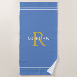 Monogramm/Name, Gold/Wht-Text, Whit Stripes, Blau Strandtuch