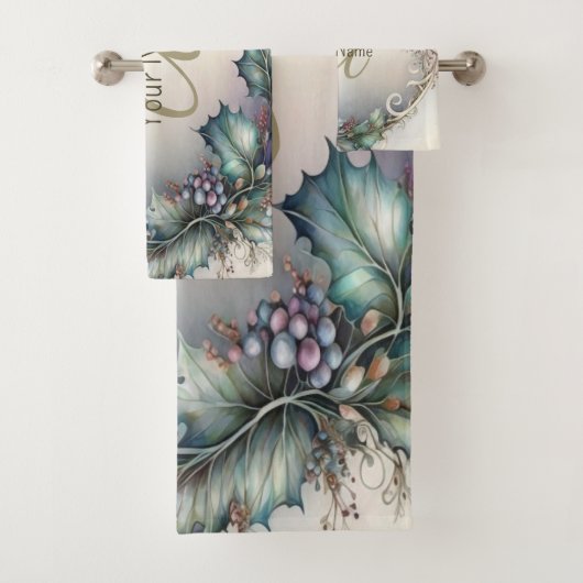 Monogramm Name Grüne Lila Blätter Rustikales Elega Badhandtuch Set (Insitu)