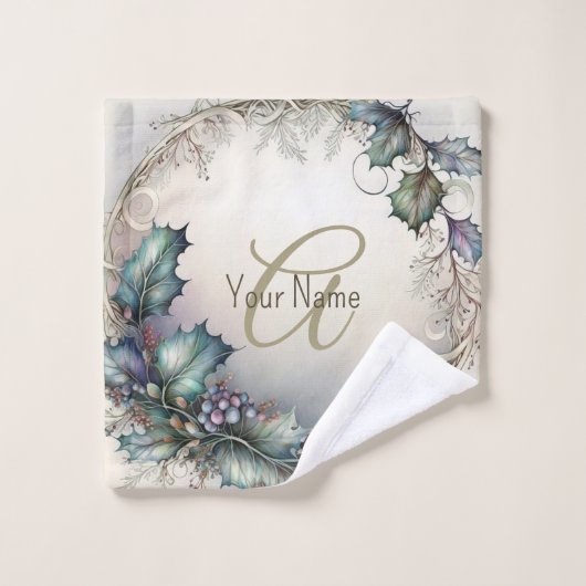 Monogramm Name Grüne Lila Blätter Rustikales Elega Badhandtuch Set (Waschlappen)