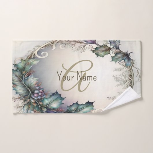 Monogramm Name Grüne Lila Blätter Rustikales Elega Badhandtuch Set (Handtuch)