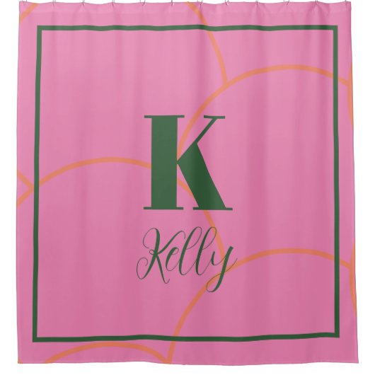 Monogramm Name Hunter Grün rosa Orangenröhre Retro Duschvorhang (Vorderseite)