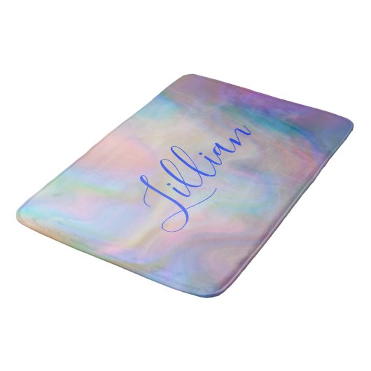 Monogramm Name in blau auf Perlmutt | Badematte (Schrägansicht)