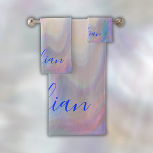 Monogramm Name in blau auf Perlmutt Badhandtuch Set