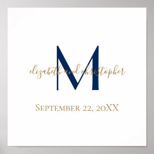 Monogramm-Name-Initialen Blau-Gold-Hochzeitsdatum- Poster