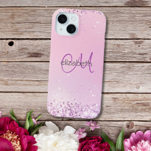 Monogramm Name Initialen Pink Lila Glitter Case-Mate iPhone Hülle
