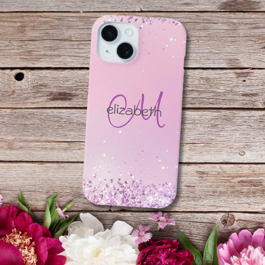 Monogramm Name Initialen Pink Lila Glitter Case-Mate iPhone Hülle