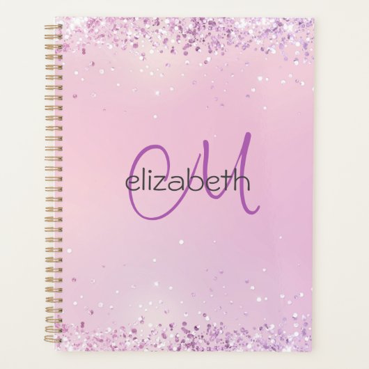 Monogramm Name Initialen Pink Lila Glitter Planer (Vorderseite)