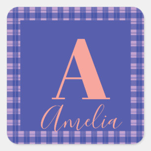 Monogramm Name Kariert Lila Rosa Geburtstagsgesche Quadratischer Aufkleber