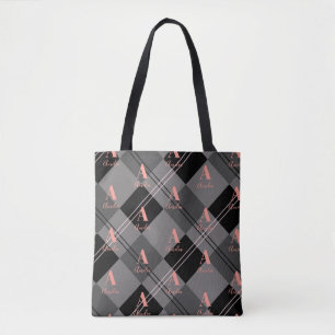 Monogramm Name Kariertes Muster Grau Schwarz Rosa Tasche