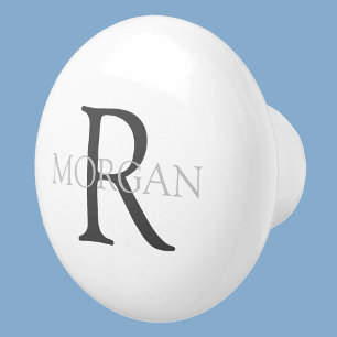 Monogramm & Name, Klassisch Weiß mit grauem Text Keramikknauf