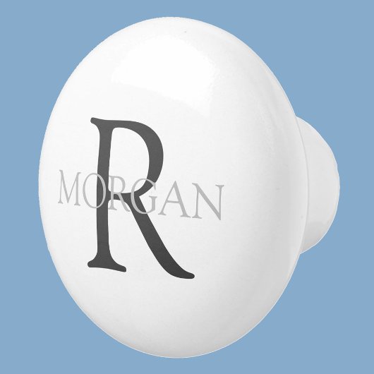 Monogramm & Name, Klassisch Weiß mit grauem Text Keramikknauf