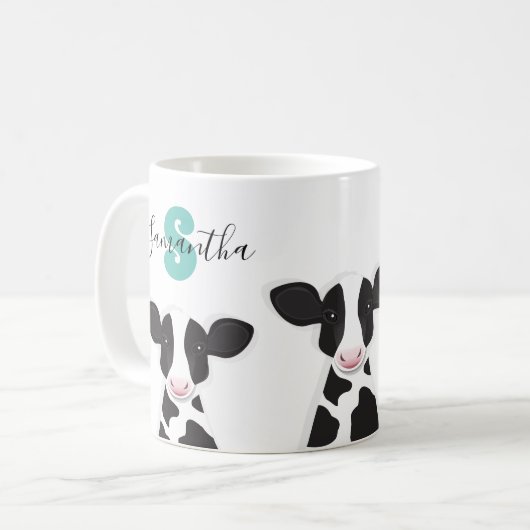 Monogramm Name Kuh Aquamarines Schwarz-weißes Tier Kaffeetasse (Vorderseite Links)