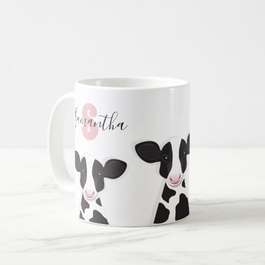 Monogramm Name Kuh Rosa Schwarz-weißes Tier Kaffeetasse (Vorderseite Links)