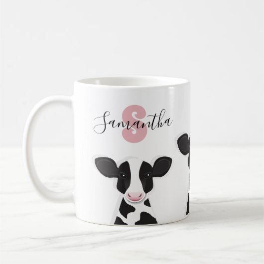 Monogramm Name Kuh Rosa Schwarz-weißes Tier Kaffeetasse (Links)