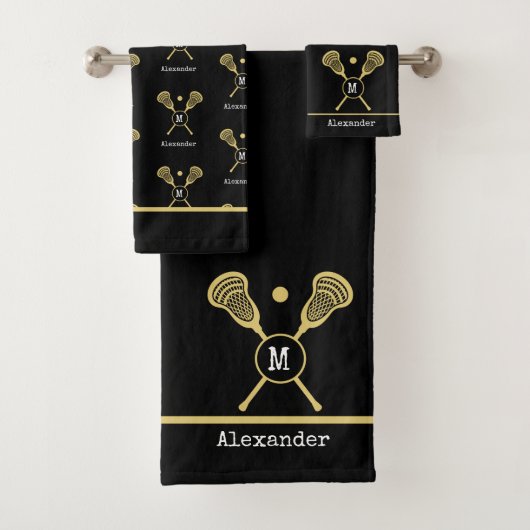 Monogramm Name Lacrosse Gold Black Badhandtuch Set (Insitu)