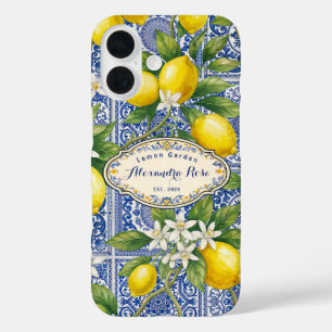 Monogramm Name Lemon Blau Französischer Landfliese iPhone 16 Hülle