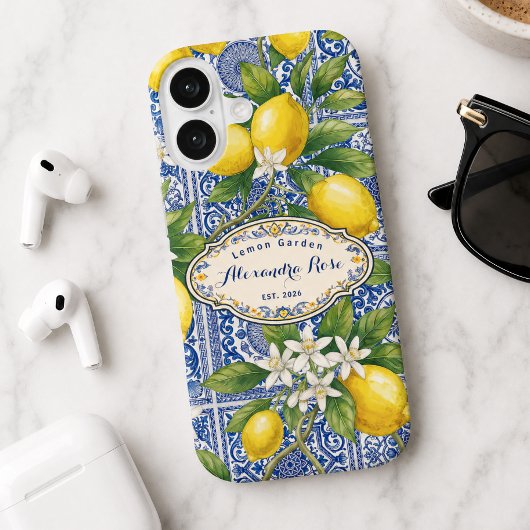 Monogramm Name Lemon Blau Französischer Landfliese Case-Mate iPhone Hülle