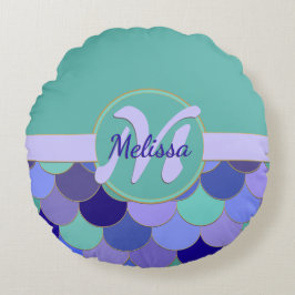 Monogramm + Name Lila & Aqua Aquamarin #Mermaid-Sk Rundes Kissen