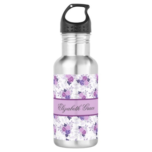 Monogramm Name Lila Pink Floral Girls Edelstahlflasche (Vorderseite)