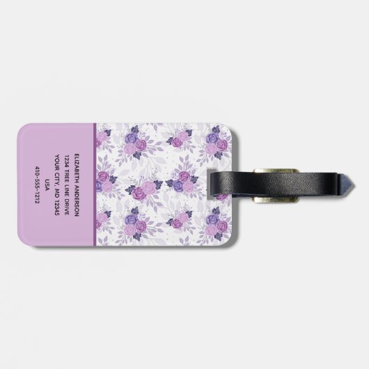 Monogramm Name Lila Rosa Blumengestalt Gepäckanhänger (Rückseite horizontal)