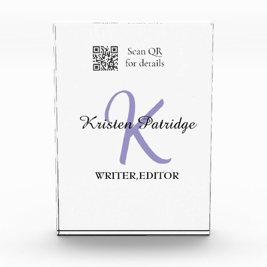 Monogramm-Name lila Schriftsteller editper QR-Code Fotoblock (Vorderseite)