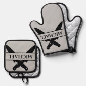 Monogramm Name Messer Koch Cook Grillen Ofenhandschuh & Topflappen-Set (Vorderseite/Rückseite)