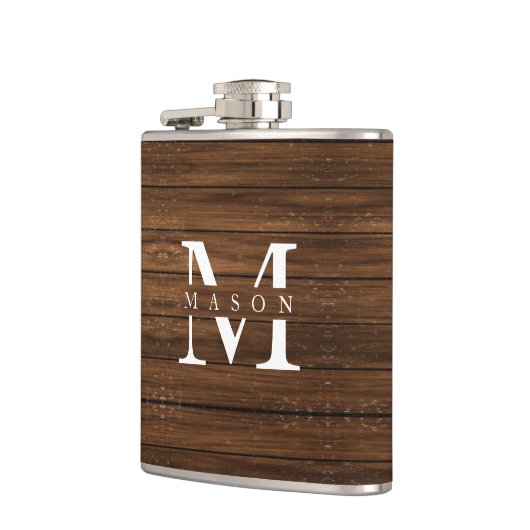 Monogramm Name Moderne rustikale Holzart Weiße Kla Flachmann (Links)