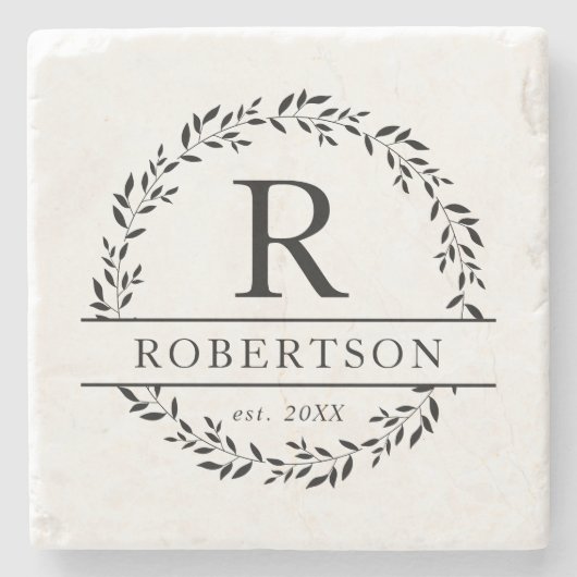 Monogramm Name Moderner botanischer Kranz Steinuntersetzer (Vorderseite)
