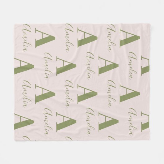 Monogramm Name Muster Olive Green Fleecedecke (Vorderseite (Horizontal))