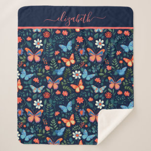 Monogramm Name Navy Blau Rosa Pfirsich Schmetterli Sherpadecke
