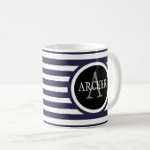 Monogramm Name Navy Strips Kaffeetasse (VorderseiteRechts)